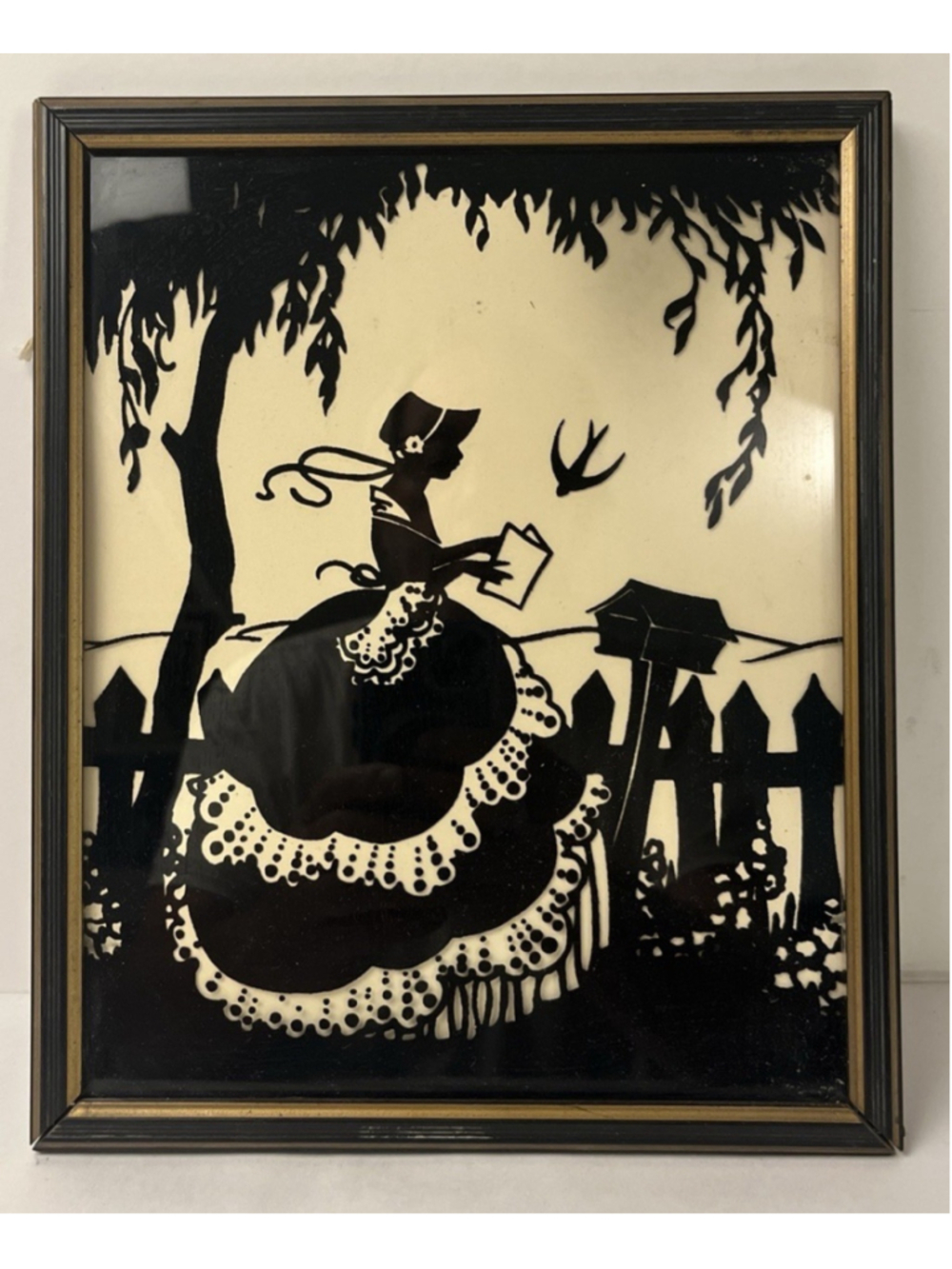 Vintage Silhouette Reverse Painted Glass Art Framed Victorian Lady Reading 11x9